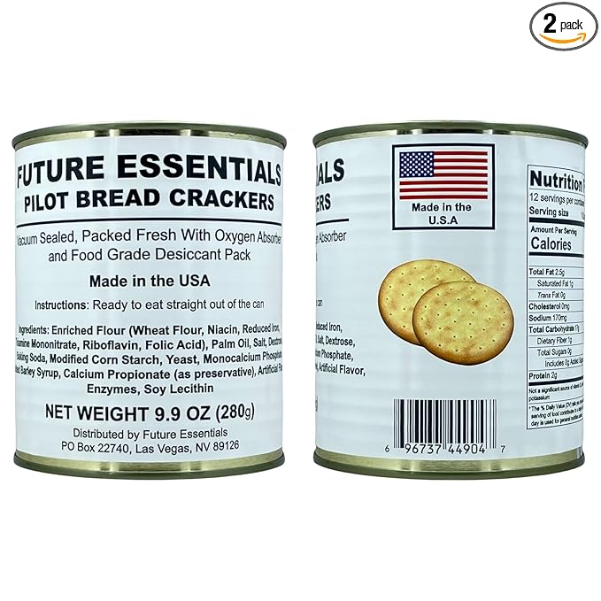 Future Essentials Pilot Bread Survival Crackers – Emergency Food Supply – 30-Year Shelf Life – Ready to Eat Hardtack Biscuits – #2.5 Can, Made in USA, 12 Crackers per Can, Pack of 2