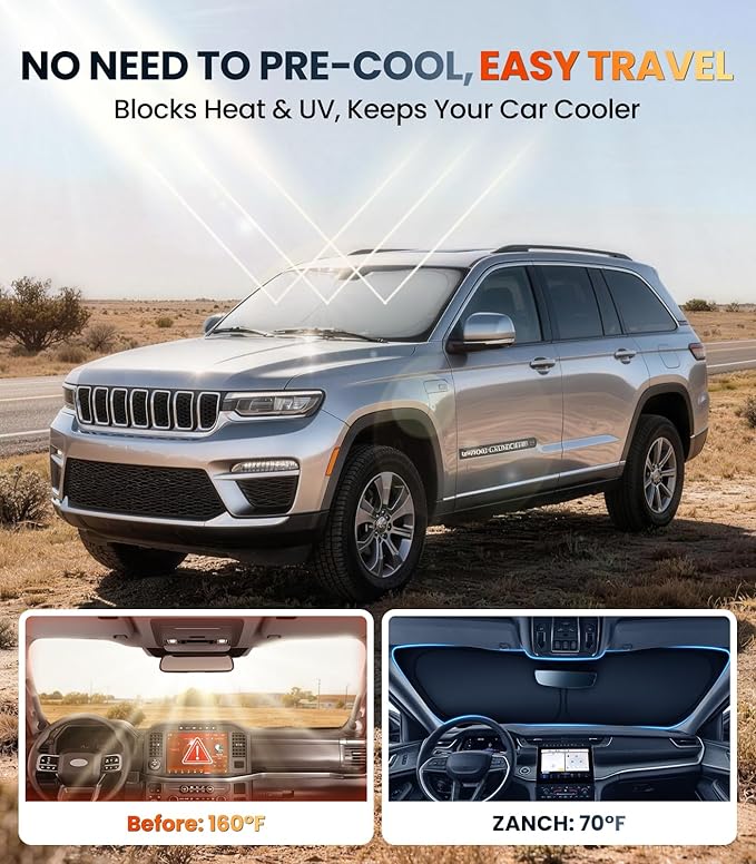 Zanch Custom Windshield Sun Shade for Jeep Grand Cherokee 2022-2024, 7-Layer UV & Heat Block, 3D Laser Scanned, Interior Protection, Keep Car Cooler, Foldable SUV Accessories