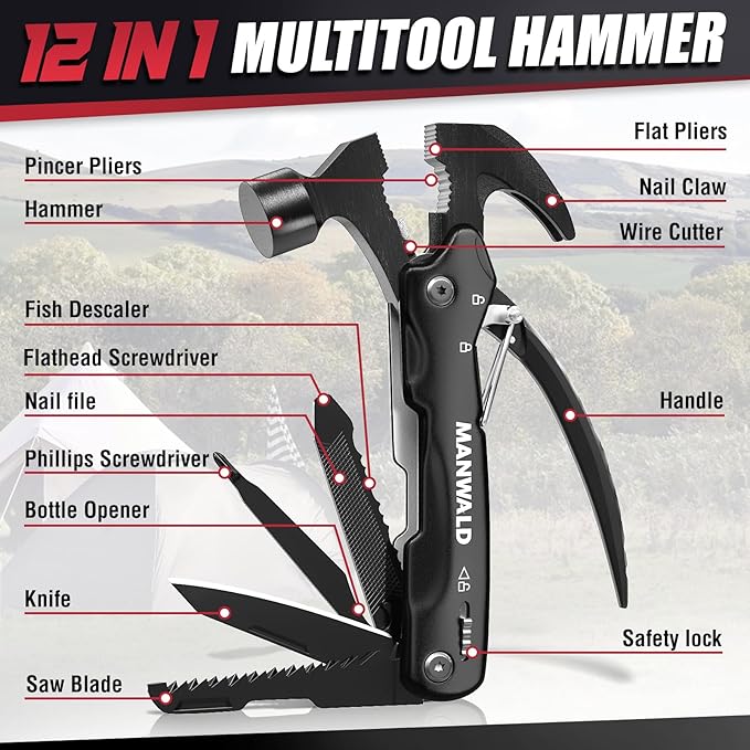 12 in 1 Multitool Hammer, Gifts for Dad, Camping Accessories Survival Gear, Cool Gadgets Gifts for Men, Husband, Boyfriends, Birthday Gifts for Women, Him