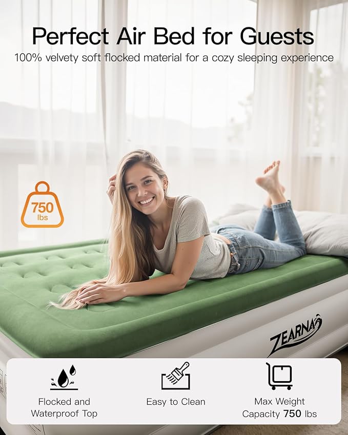 Zearna King Size Air Mattress with Built in Pump, 18" Raised Comfort Air Bed, Upgraded Flocked Top Blow up Mattress with Carrying Bag, Inflatable Mattress for Guests & Home, AirBed, 750 lbs Max