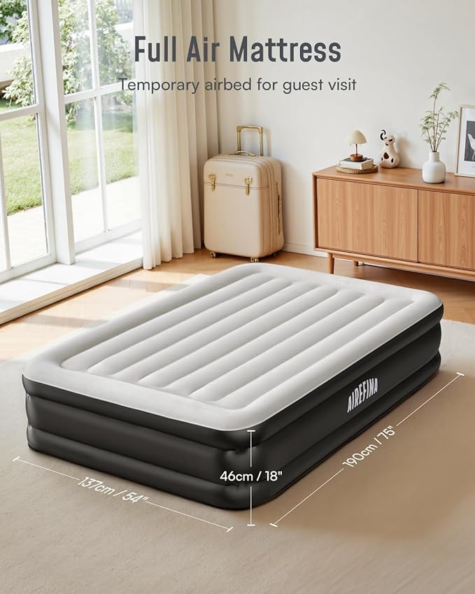 Airefina Air Mattress Full with Built in Pump, Comfort 18" Raised Inflatable Mattress, Upgraded Vertical Beams Blow Up Mattress Air Bed with Carry Bag for Guest Home, Colchones Inflables 700 lbs Max