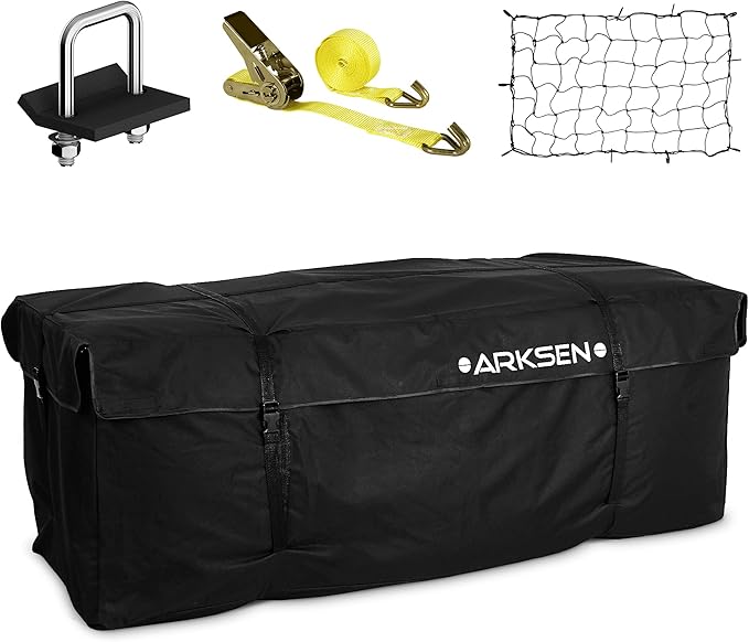 ARKSEN Roof Cargo Bag, 13.6 Cubic Feet Waterproof Luggage Storage, Include Net, Heavy Duty Stainless Steel Hitch Tightener, Anti-Rattle Stabilizer, 16Ft Straps