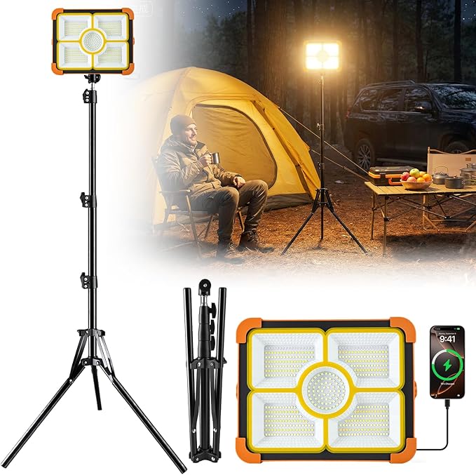 Rechargeable Camping Light with Tripod Stand, 12000mAh Solar Work Light Portable, Cordless LED Job Light 12000LM with 5 Mode, Waterproof Camping Essentials Gear Car Repair Emergency Lighting with Hook