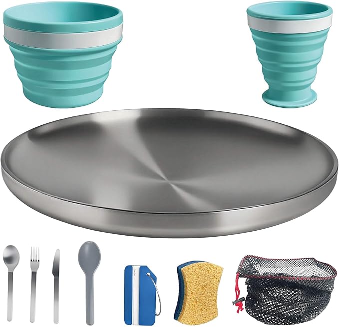 Camping Mess Kit – Compact 1-Person Tableware Set with Stainless Plate, Collapsible Silicone Bowl & Cup, and Utensils, Ideal for Solo Campers, Scouts, Family Camping & Car Trips