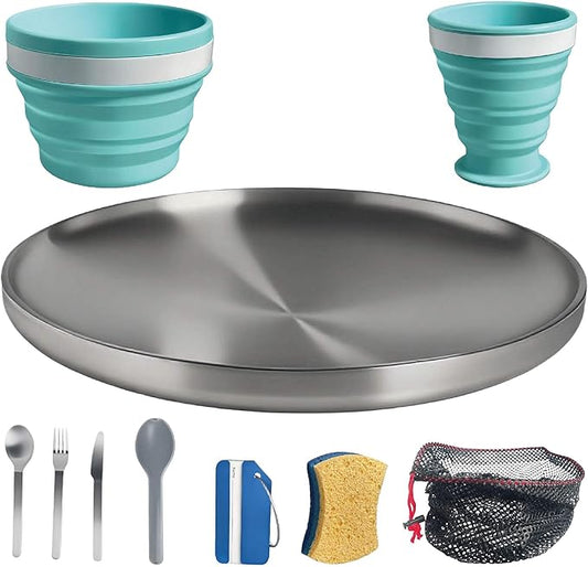 Camping Mess Kit – Compact 1-Person Tableware Set with Stainless Plate, Collapsible Silicone Bowl & Cup, and Utensils, Ideal for Solo Campers, Scouts, Family Camping & Car Trips