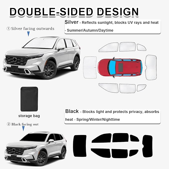 KMF 8pcs Thicken Sun Shades for Honda CR-V 2023-2025 2026 Accessories, CRV Protecting Privacy Full Car Window Covers Sunshade for Windshield Side Rear, UV Block and Blackout for Camping