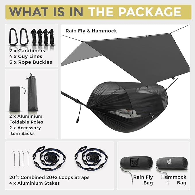 Miztli Camping Hammock with Net & Rain Fly All-in-1 - Double & Single Portable Hammock Ripstop Nylon, Complete Kit w/Adjustable Tree Straps for Backpacking, Outdoor, Travel