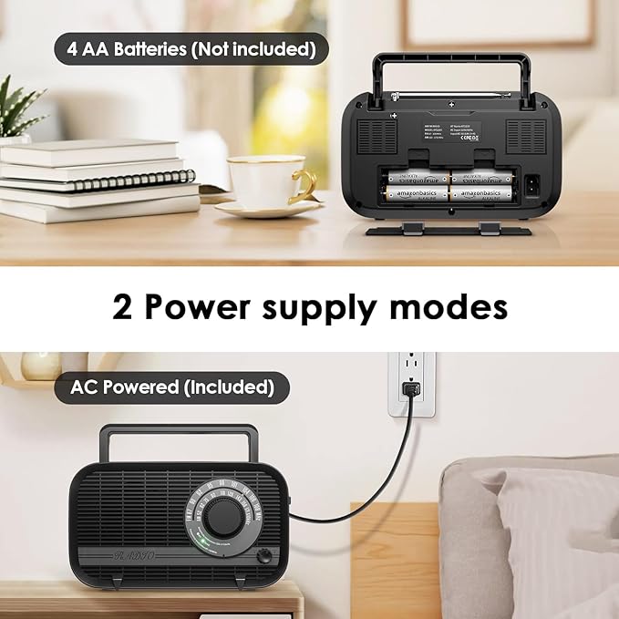 AM FM Portable Radio Plug in Wall or Battery Operated Radio with Best Reception,Bluetooth,Headphone Jack,Large Dial Easy to Use for Seniors Elderly Black