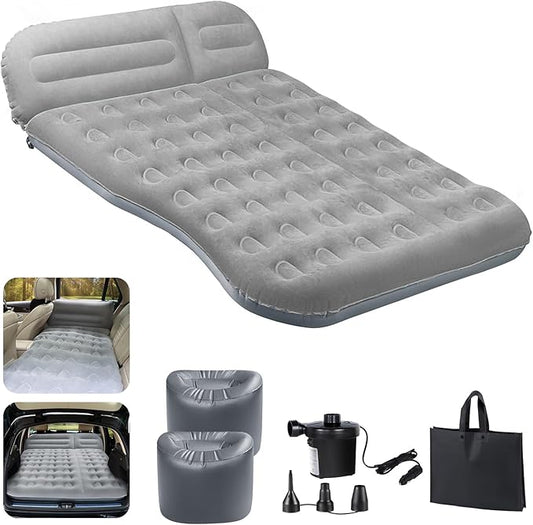 SUV Air Mattress,Thickened Flocked Camping Bed for Car,Includes Electric Pump & 2 Foot Pedals,Portable Inflatable car Mattress (Gray)