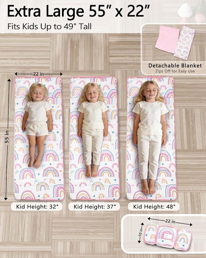 Primlect Toddler Nap Mat Extra Large Thickened 55''x35'', Soft Sleeping Bag with Detachable Minky Blanket and Pillow, Portable for Daycare, Preschool, Kindergarten, Travel, Boys and Girls