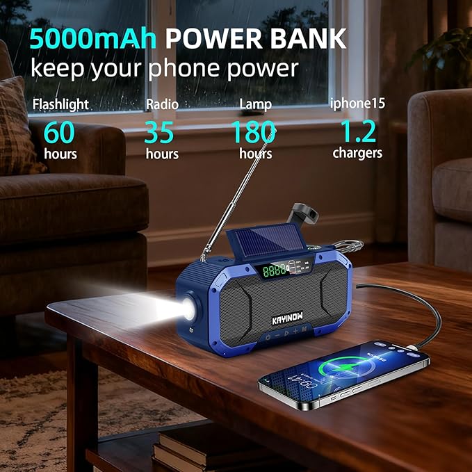 Hand Crank Emergency Weather Radio Solar Power with AM FM NOAA,Wind Up Flashlight,18500mWh/5000mAh Rechargeable Battery,SOS Alarm,Portable,Waterproof,for Survival,Storm and Power Outage