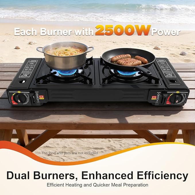 Portable Camping Stove｜24,000 BTU Dual Burner Gas Grill w/Removable Case｜Compact 24.8" Outdoor Cooker for RV Tailgating｜Stainless Steel 2-Burner Butane & LPG Stove (w/Grill Tray)