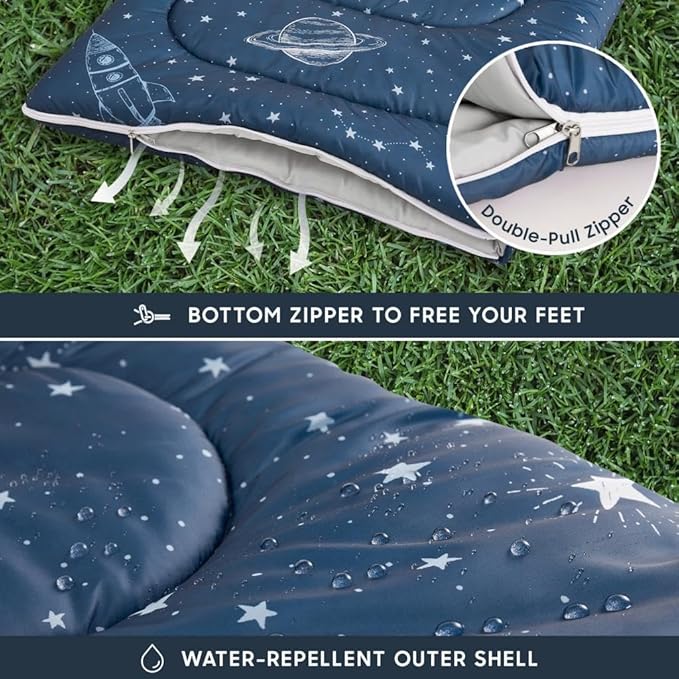 Wake In Cloud - Kids Sleeping Bag for Boys Toddlers, Camping in Warm Cold Weather, Backpacking Lightweight Compact Outdoor Liner for 3 Seasons, Space Stars Rockets Galaxy