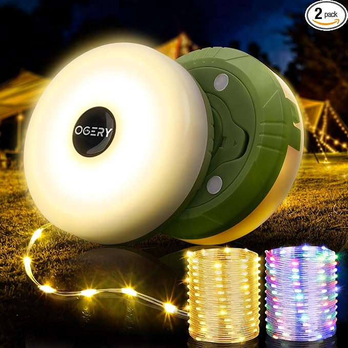 OGERY 2-Pack Camping String Lights, 32.8FT Rechargeable Christmas String Lights Outdoor/Indoor, 8 Modes 4-in-1 Quick Storage Fairy Lights Portable Lamp for Xmas Tree Decor Party Camping Essentials