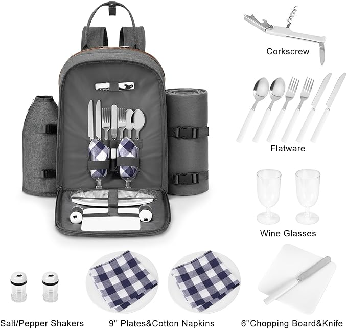 ALLCAMP Picnic Backpack - Insulated Cooler Bag with Compartment, Detachable Wine Glass Holder, Throw Blanket & Cutlery Set, 2 Person Picnic Set for Family Outings, Couple Gifts (Gray)