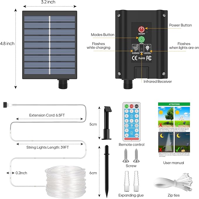 ICRGB Solar Rope Lights Outdoor, 66FT 200LED Christmas Fairy Light with Remote, IP67 Waterproof Solar String Lights, Timing & 8 Modes, Outdoor Light for Garden Patio Porch Pool, Warm White
