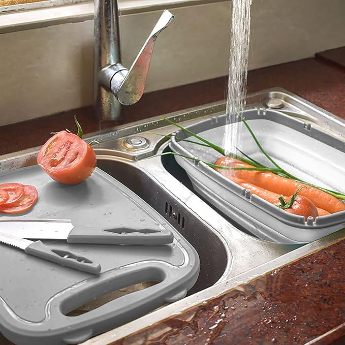 Gintan Camping Cutting Board, 9-in-1 Collapsible Chopping Board with Colander, Kitchen Vegetable Washing Basket for Camping, Camping Gifts Camping Accessories for RV Campers (Gray)