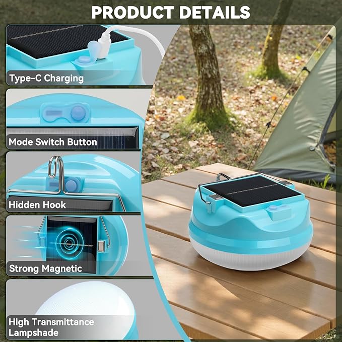 50W Solar Camping Light, Featuring a Type-C Charging Port, 4000mAh Battery, IPX4 Water Resistance, Portable Flashlight, Tent Light, Emergency Light for Power outages, and Outdoor Hanging Light.