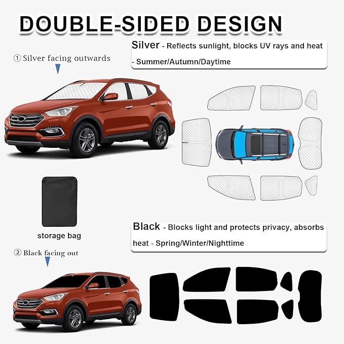 KMF 8pcs Thicken Full Car Window Shades for Hyundai Santa Fe Sport 5 Seats Accessories 2013-2018(Not LWB), Windshield Sunshade Window Covers for Side Rear,UV Block and Blackout Privacy for Camping