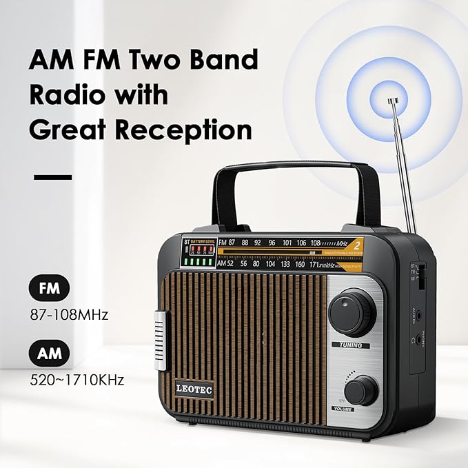 LEOTEC AM FM Radio with Bluetooth,Portable Vintage Transistor Radio Rechargeable Battery/4 AA Cell Battery Operated/Plug in Wall,AUX,Big Speaker,Headphone Small Gifts for Senior