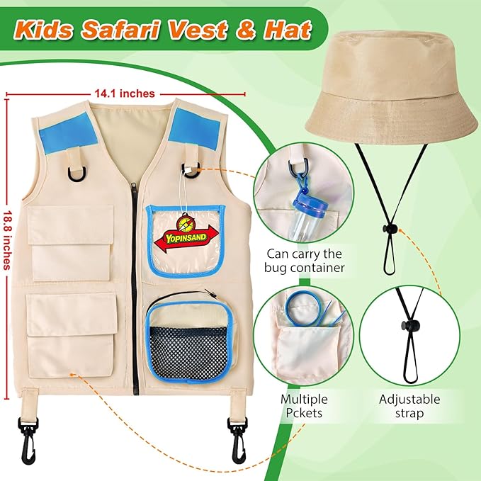 YOPINSAND Kids Explorer Kit & Bug Catcher Kit, Kids Camping Gear for Kids, Outdoor Exploration Set with Vest & Hat, Ideal Outdoor Camping Adventure Toys for Ages 3 4 5 6 7 8 Boys Girls