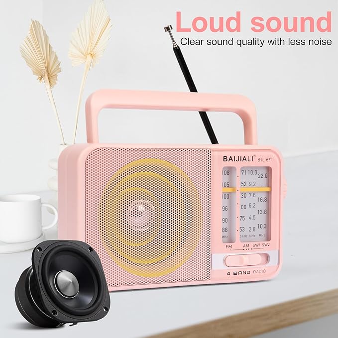 Portable AM/FM Transistor Radio with Loud Speaker, Battery or USB Powered - Compact Emergency Radio for Indoor, Outdoor, Travel & Storms (BJL-671, Pink)