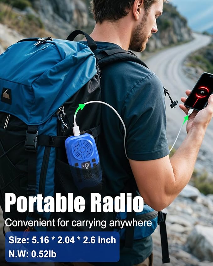 Runningsnail Emergency Weather Radio, 7400mWh Hand Crank Emergency Radio with LCD Display, Support Weather Alert Radio, USB/Solar/Hand Crank,1W Flashlight&SOS Alarm for Outdoor&Home Emergency (Blue)