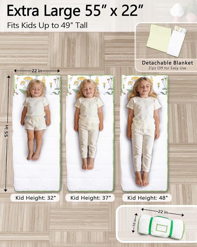 Primlect Toddler Nap Mat with Detachable Blanket and Removable Pillow, Kids Sleeping Bag 55''x35'' for Daycare Preschool Kindergarten, Toddler Sleeping Mat for Boys and Girls
