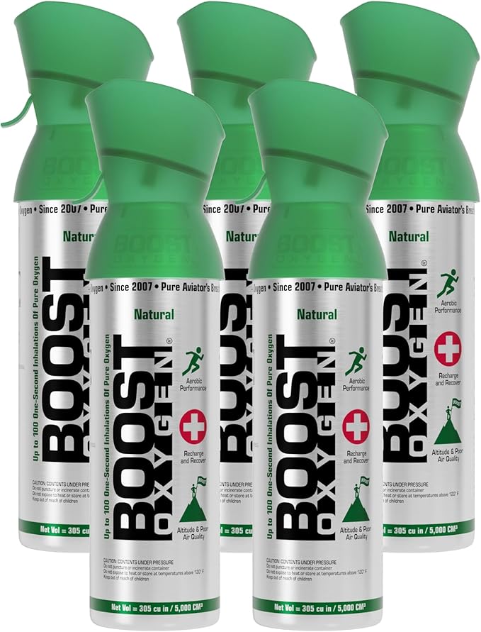 Boost Oxygen Medium Natural 5L Canister | Respiratory Support for Aerobic Recovery, Altitude, Performance & Health (5 Pack)