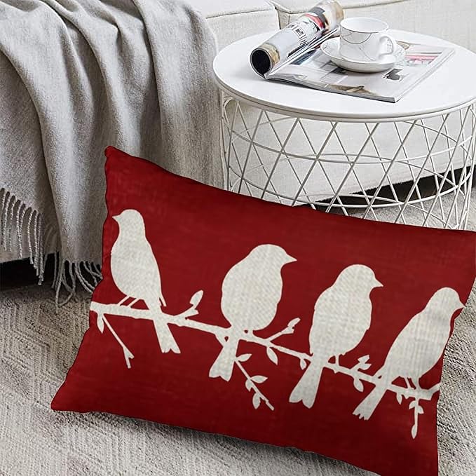 ITFRO Set of 2 Birthday Gift Birds Standing On A Branch Cotton Linen Lumbar Nature Wild Animals Throw Pillow Cover Cushion Case Sofa Home Decor 12x20 Inches (Red Set)