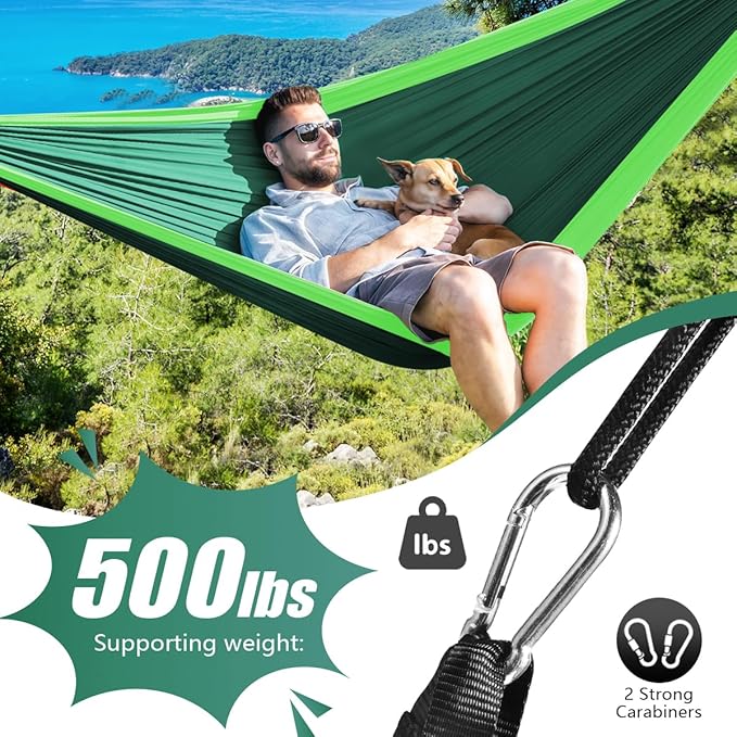 OBTANIM Camping Hammock 500lbs Portable Lightweight Single or Double Hammock with Tree Straps and Carry Bag for Camping Backpacking Hiking Travel Beach Outdoor Indoor (Green and Dark Green)
