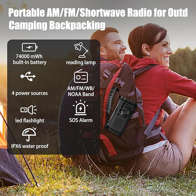 QAUYYW Hand Crank Emergency Radio,74000mWh Solar Powered Portable NOAA AM FM Weather Radio with 3 Mode Flashlight and Reading Light,Cell Phone Charger,Home and Emergency Distress Signal (Black)