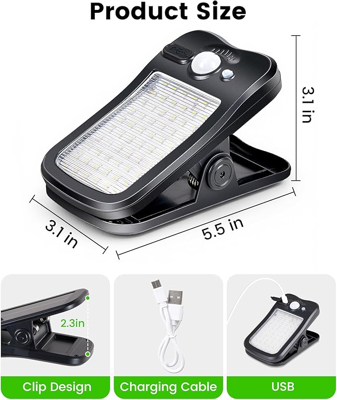 Clip on Solar Lights for Fence, 3 Modes Solar Motion Lights Outdoor Waterproof, 60LEDs 500LM Portable Security Light for Fence, Deck, Garage, Camping, USB Charging, 6 Black