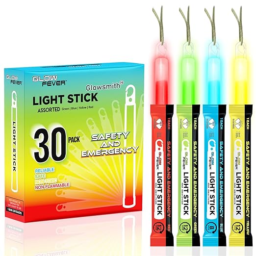 Glow Fever Emergency Safety Military Grade 6'' Lightsticks, Light Up Ultra Bright Glow Sticks with 12 Hours Duration. for Hiking Party Camping Blackouts Hurricane Shelter Survival Kit (Mixed, 30PCS)