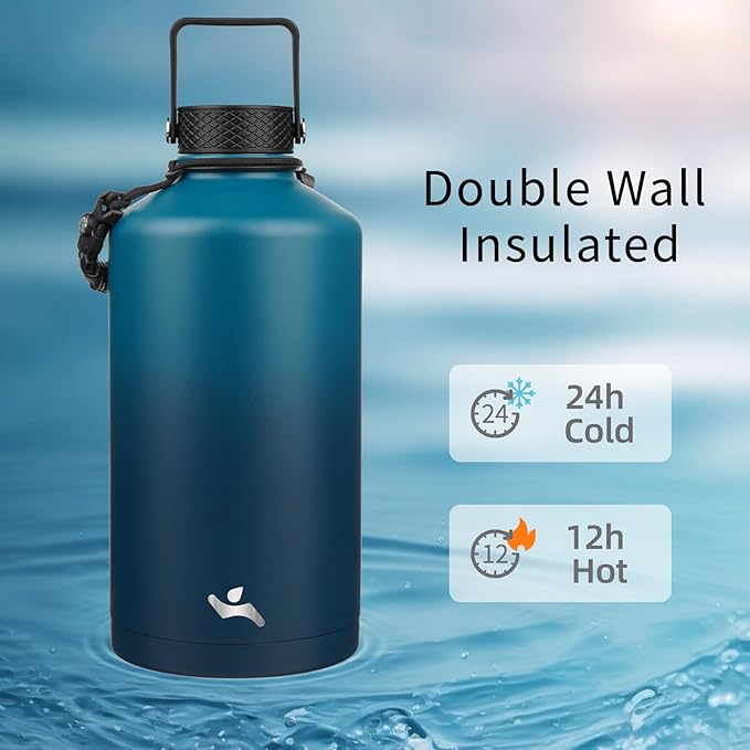Konokyo Gallon Insulated Water Bottle with Straw,128 oz 3 Lids Water Jug with Carrying Bag,Paracord Handle, Double Wall Vacuum Stainless Steel Metal Flask,Indigo Black
