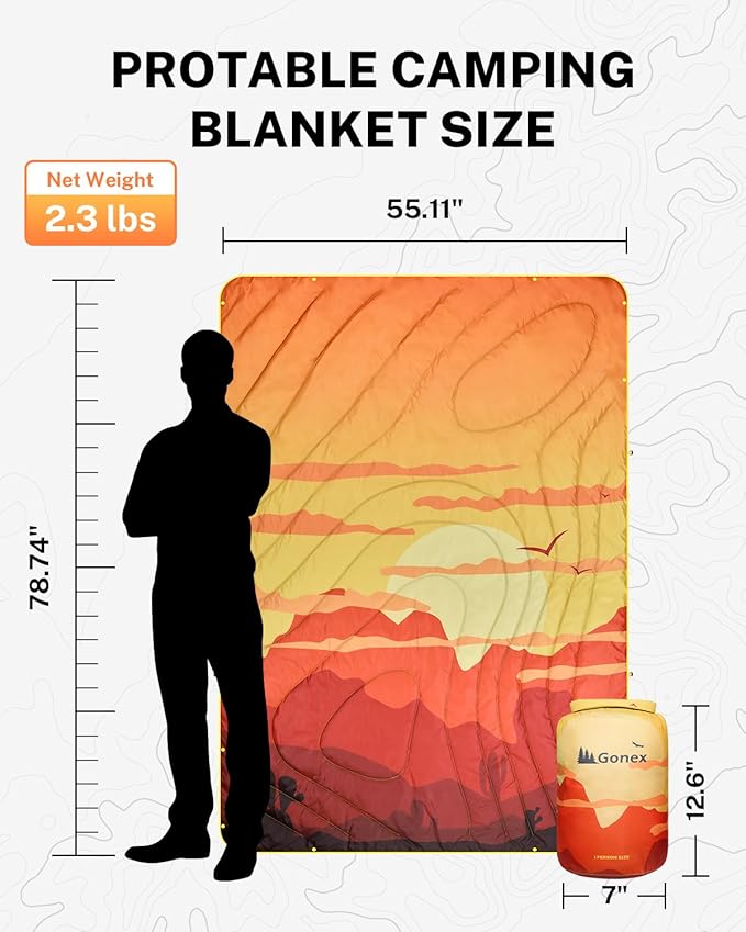 Gonex Camping Blanket with Aero-Warmth Breathable Layer - Puffy Printed Packable Blanket, Ultralight Wearable Water-Resistant Quilt, 79" X 55" for Camping, Beach, Hiking, Travel, Picnics(Desert)