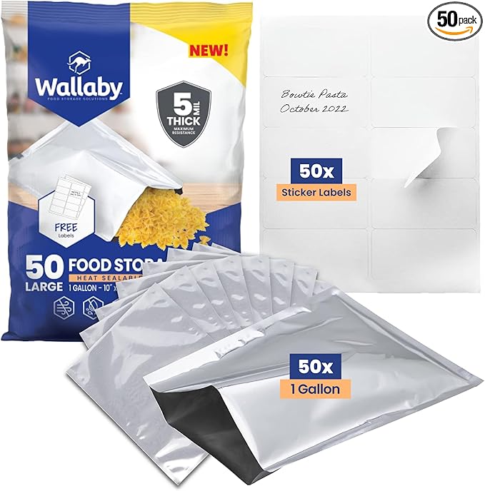 Wallaby 50 Count 1-Gallon Mylar Bags with Labels, 10 Mil Total Thickness Long-Term Food Storage Pouches, 10x14 Heat-Sealable Airtight Packaging - Silver