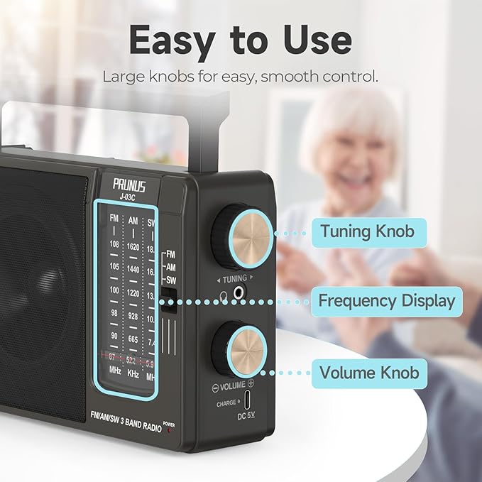 PRUNUS J03C AM FM Radio Portable USB or AA Battery Operated for Home/Outdoor, Large Speaker Excellent Sound, Excellent Reception 19.5 ant, Large Tuning Knobs,Gifts for Seniors, No,Internet Radio