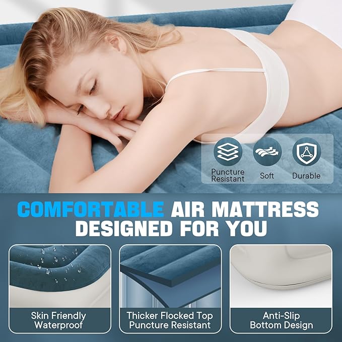 VOSSER Queen Air Mattress with Built-in Pump,18'' Raised Blow Up Mattress, Leak-Proof Air Bed with Storage Bag, Flocked Top Inflatable Mattress for Home, Camping & Guests，800lbs