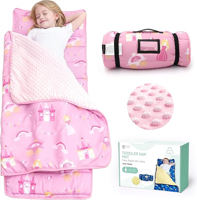 ACRABROS Toddler Nap Mat with Pillow and Blanket, Large Rolled Napping Mats,Slumber Bags for Boys Girls,Kids Sleeping Bag for Daycare, Preschool Travel