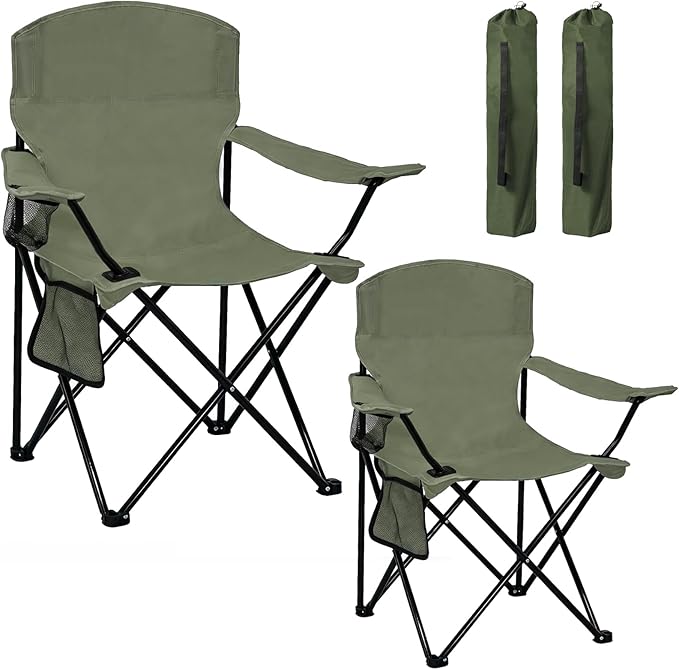 Camping Chair 2 Pack Portable Folding Chair, Supports 300lbs, Lightweight Stable Outdoor Chair for Camping Hiking Fishing Beach Travel Picnic, Compact Collapsible Camping Seat, Olive Green