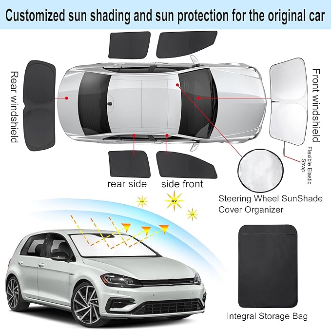 6PCS Windshield Sun Shade Custom Fit for 2013-2018 Volkswagen VW Golf MK7 Accessories Foldable Sunshade Side Rear Window Shade Cover Full Set Privacy Protection Keeps Car Cool