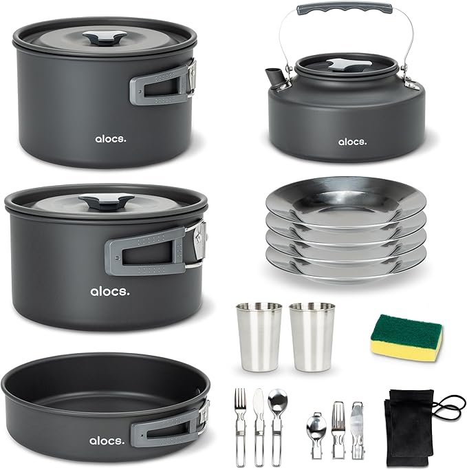 Alocs Camping Cookware Set - Lightweight Camping Pots and Pans - Portable Outdoor Cookware with Kettle - Camping Cookware Mess Kit for 2