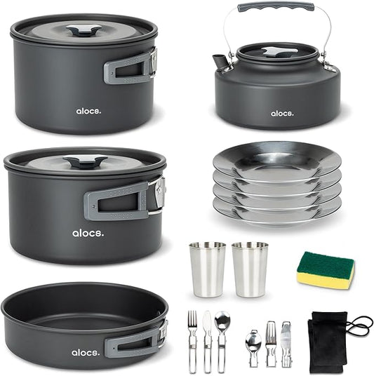 Alocs Camping Cookware Set - Lightweight Camping Pots and Pans - Portable Outdoor Cookware with Kettle - Camping Cookware Mess Kit for 2