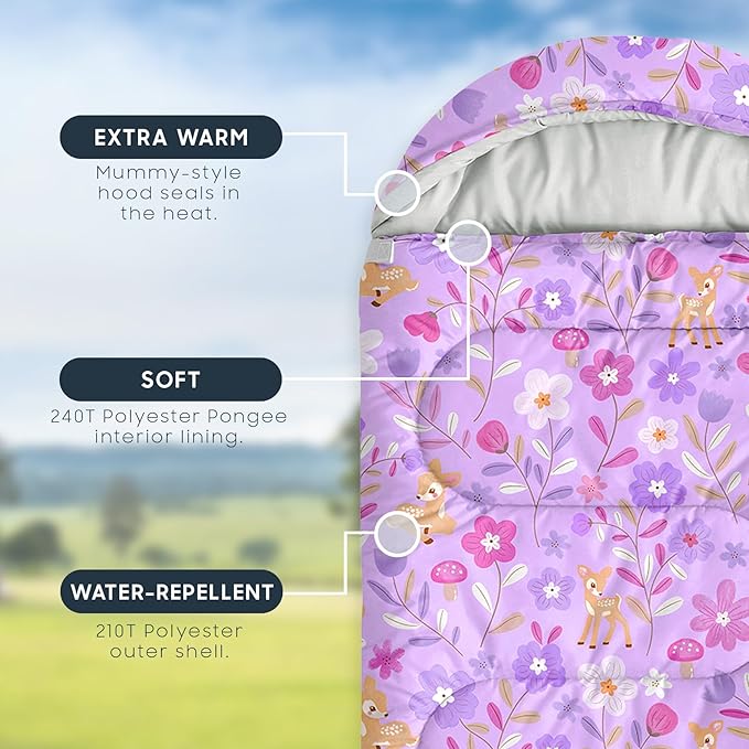 Wake In Cloud - Kids Sleeping Bag for Girls Toddlers, Camping in Warm Cold Weather, Backpacking Lightweight Compact Outdoor Liner for 3 Seasons, Deer Floral Garden