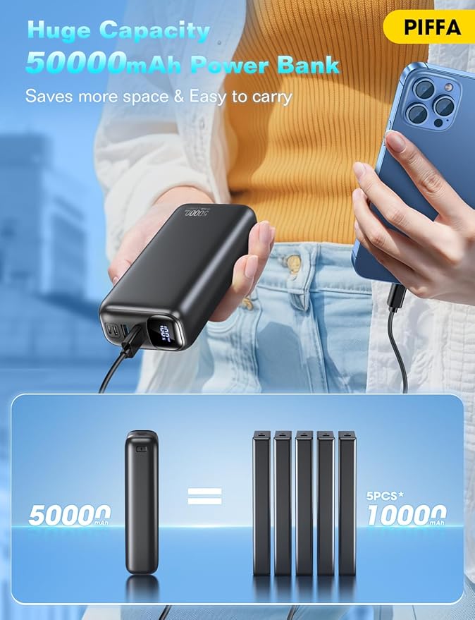 PIFFA Portable Charger Power Bank - 50000mAh Battery Pack, 22.5W Fast Charging Powerbank,Travel Essential for Portable Phone Charger, USB-C Phone Charger for iPhone 17/16/15/14/13 Samsung Google etc