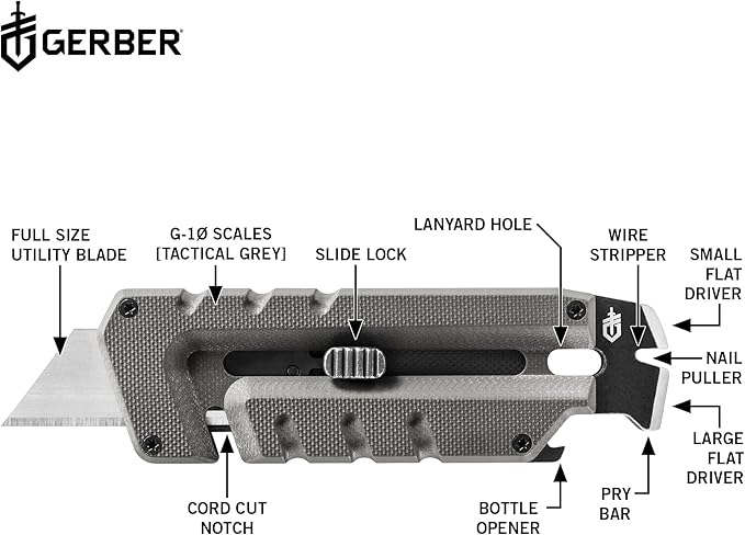 Gerber Gear Prybrid Multi Tool Utility Pocket Knife, Utility EDC Razor Knife with Retractable Blade and Pry Bar, Grey G10 no Clip
