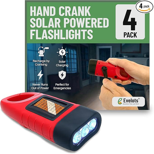 Evelots Hand Crank Solar Powered Flashlights ( 4 Pack ) Rechargeable Emergency Survival Flashlight for Camping , Car - Easy 3 LED Bright Light for Hiking , Outdoor Sports , Home Power Outage