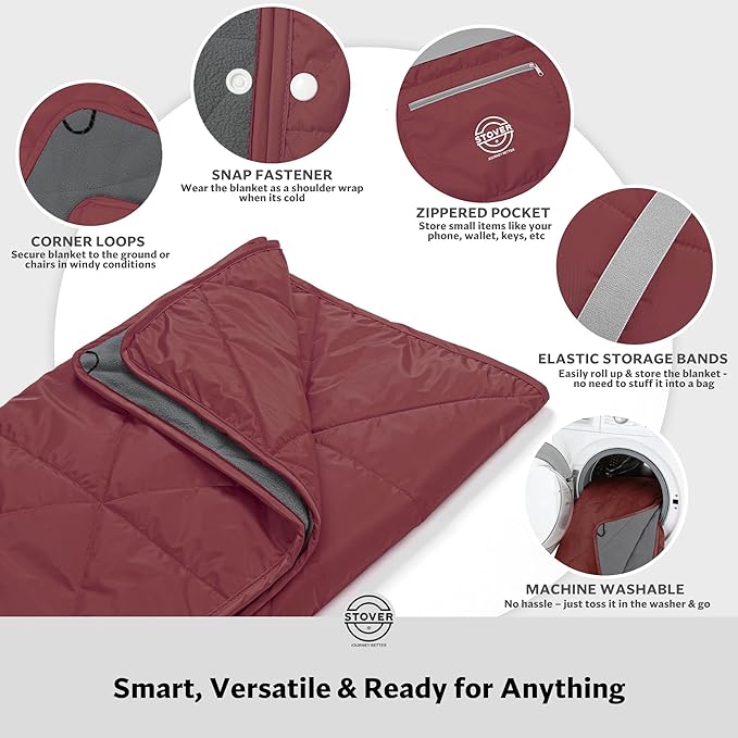 STOVER Large Waterproof Outdoor Stadium Blanket- Extra Thick Soft Fleece Camping Blanket for Travel, Picnics, Sports, 79"x55", Warm, Windproof, Sand-Proof, Lightweight, Packable (Game Day Crimson)