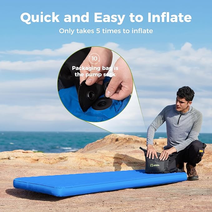 ATEPA ThermAir Pro Backpacking Inflatable Sleeping Pad, 5 R-Value Insulated Ultralight Portable Sleeping Pad Thick Camping Mat with Stuff Sack for Camping Backpacking Tent, Wide Long Size 77.5"x25.6"